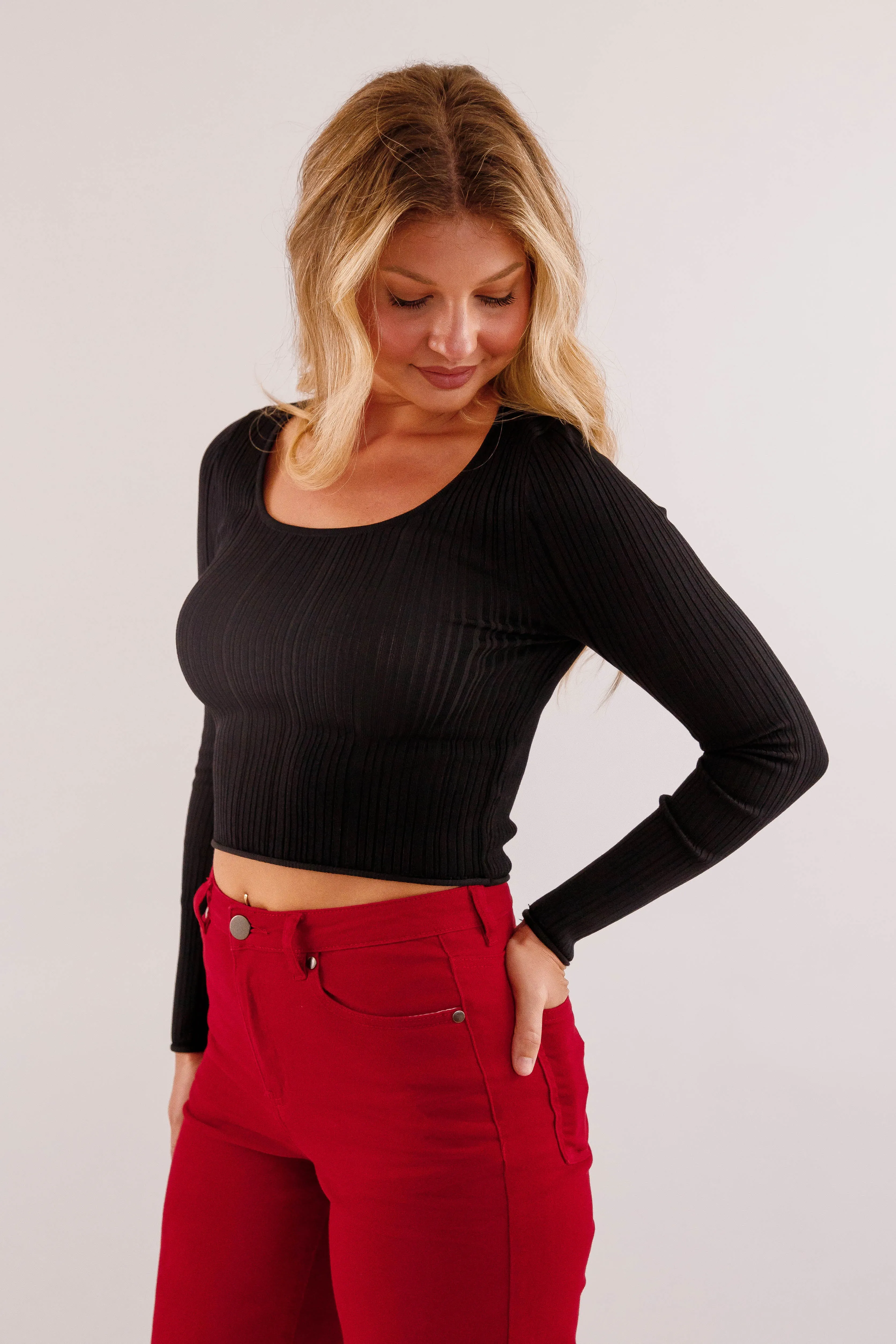 VNeck Style Sweet Sentiments Ribbed Top-Black