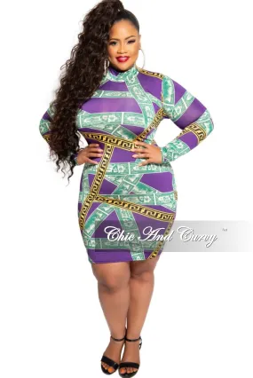 Move Easy Flexible Gusset Design Final Sale Plus Size Mock Neck Money Design BodyCon Dress in Purple Maze Print