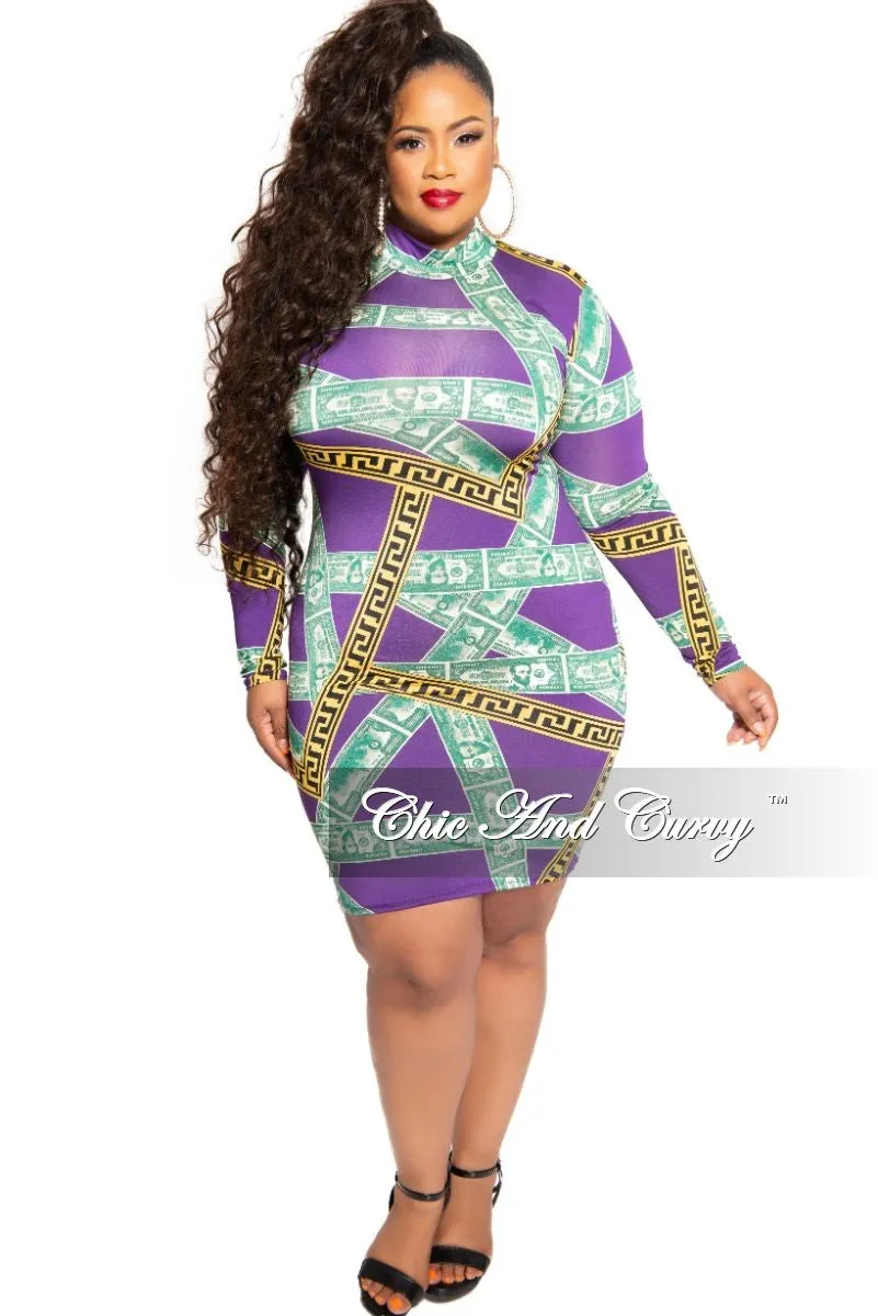 Final Sale Plus Size Mock Neck Money Design BodyCon Dress in Purple Maze Print Ultra Stretch