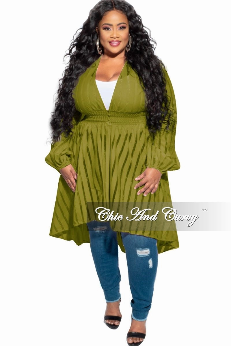 Final Sale Plus Size Sheer Button High-Low Duster in Olive Stretchable Wear Non Iron Technology