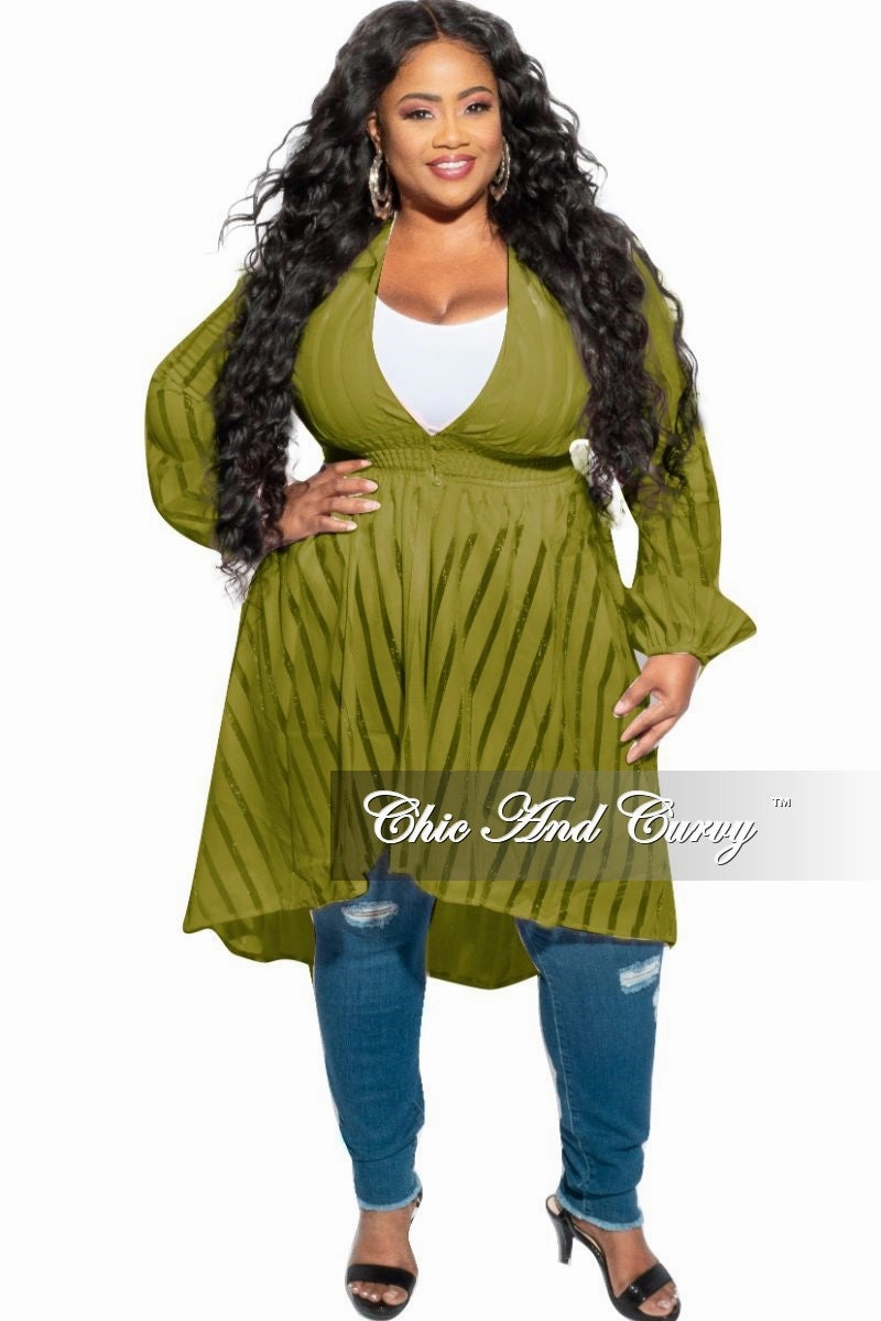 Adjustable Belt Loops Final Sale Plus Size Sheer Button High-Low Duster in Olive
