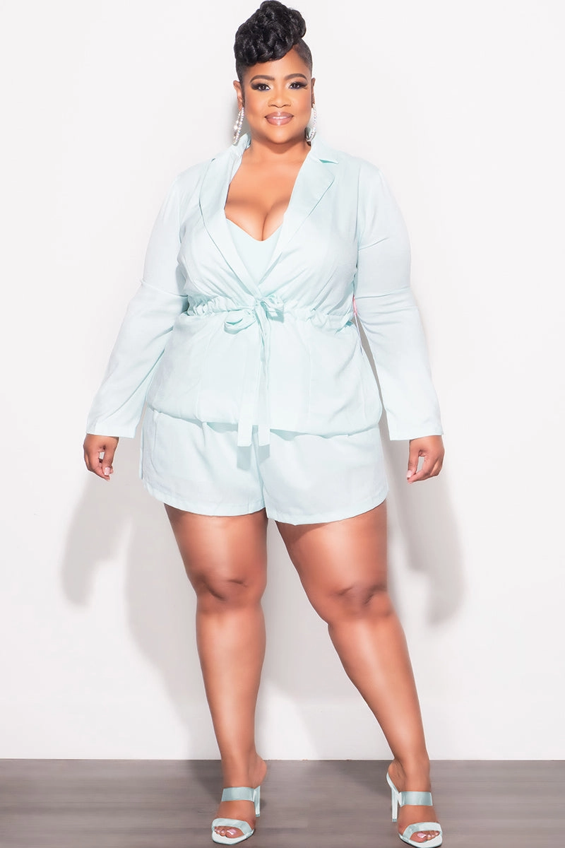 Final Sale Plus Size Faux Linen 2pc Short Set in Mint Breathable Lining