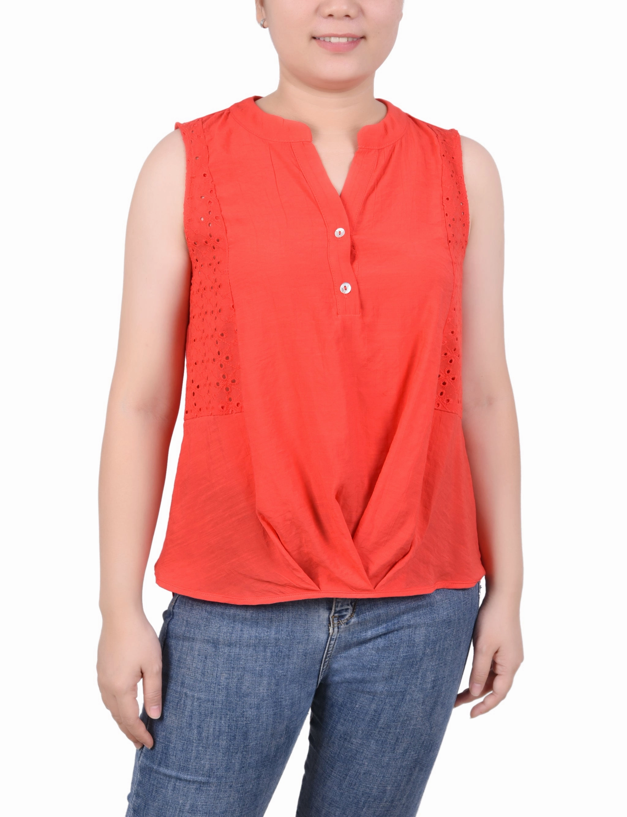 Sleeveless Blouse With Eyelet Insets Flex Fit Shoulder Construction Interlock Weave