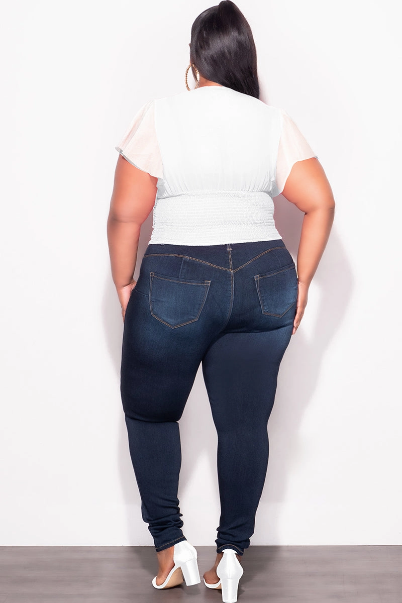 Body Sculpting Final Sale Plus Size Chiffon Ruched Corset Blouse with Flutter Sleeves in White