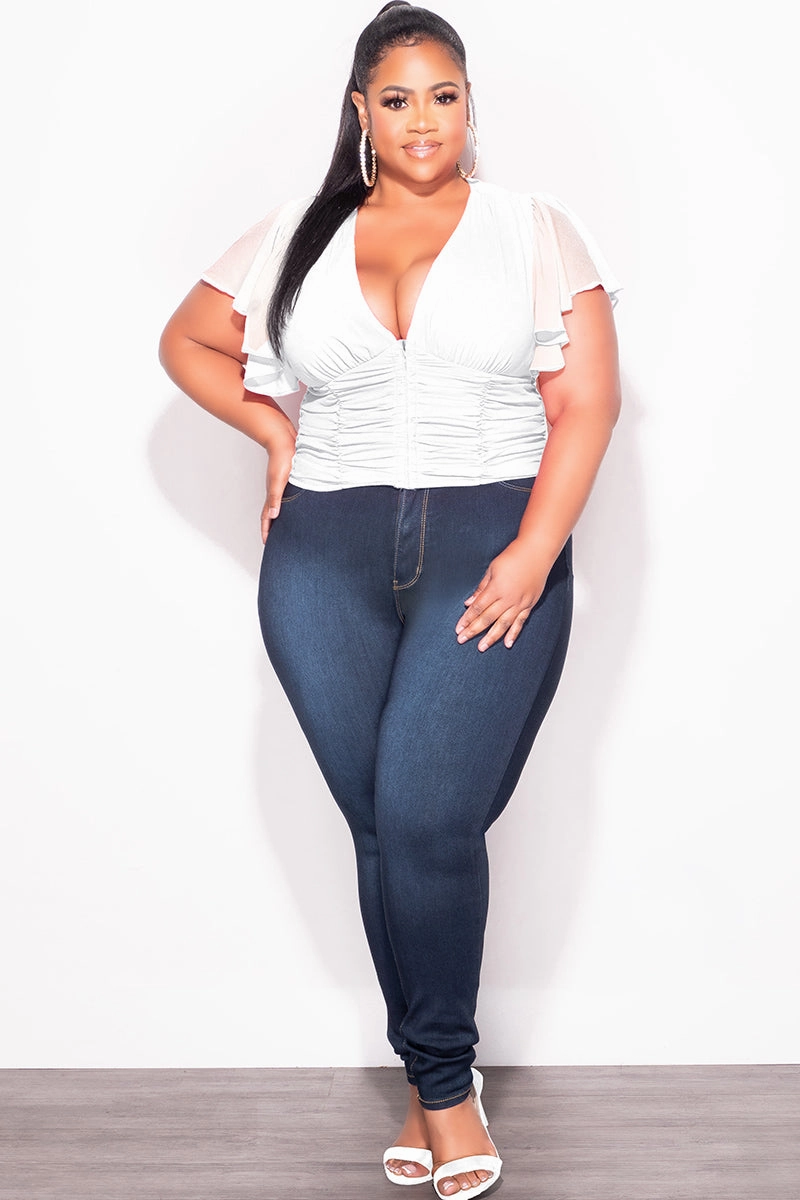 Final Sale Plus Size Chiffon Ruched Corset Blouse with Flutter Sleeves in White Stretchy Material Tagless Labeling