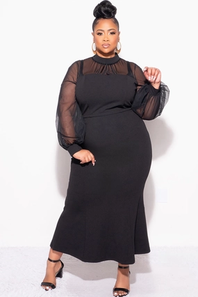 Timeless Layers Relaxed Cut Final Sale Plus Size Sheer Mesh Sleeve & Shoulder 2pc Set in Black