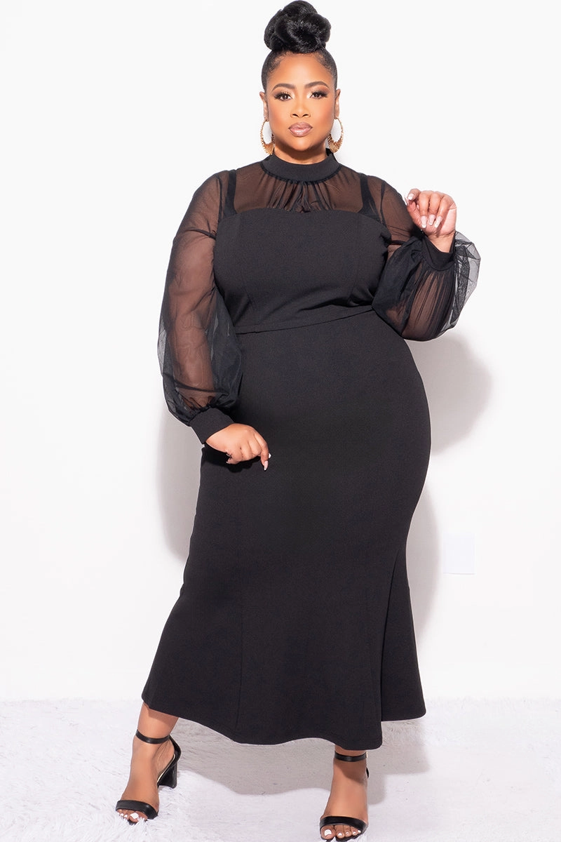 Final Sale Plus Size Sheer Mesh Sleeve & Shoulder 2pc Set in Black Stretch Flex Smart Design