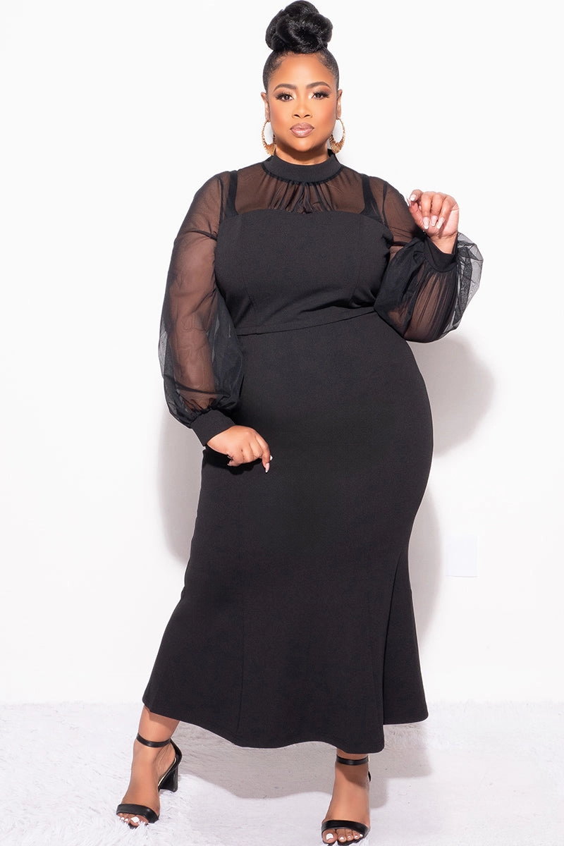 Timeless Layers Relaxed Cut Final Sale Plus Size Sheer Mesh Sleeve & Shoulder 2pc Set in Black