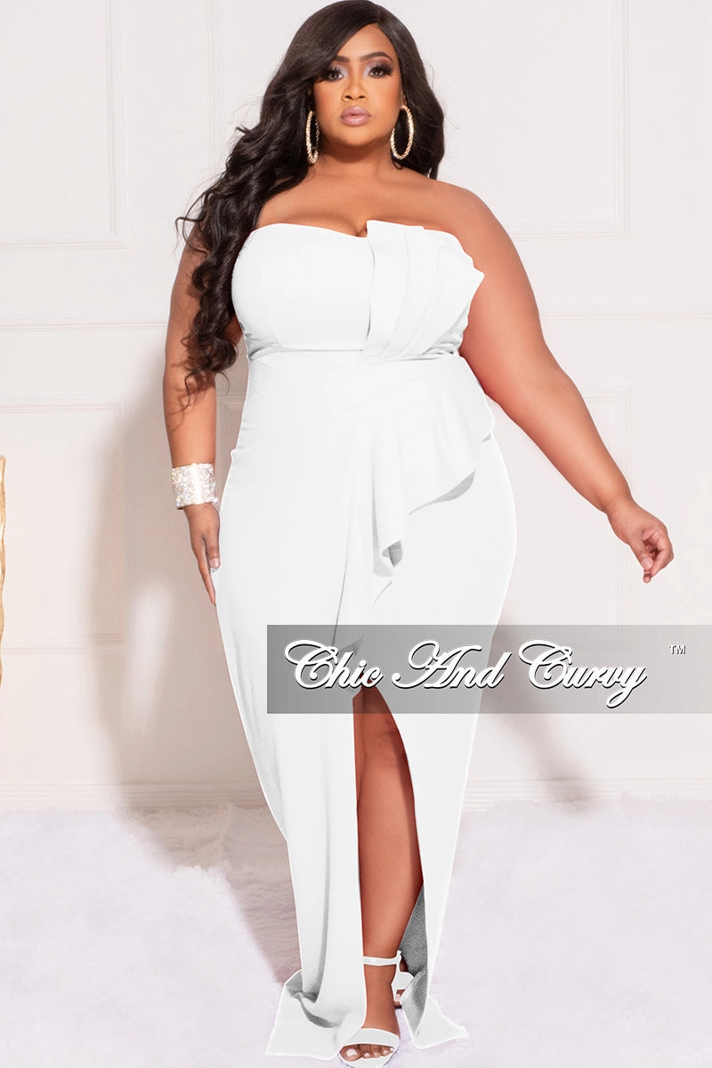 Final Sale Plus Size Strapless Pleated Ruffle Gown with Front Slit in Ivory Comfy Fit Wear