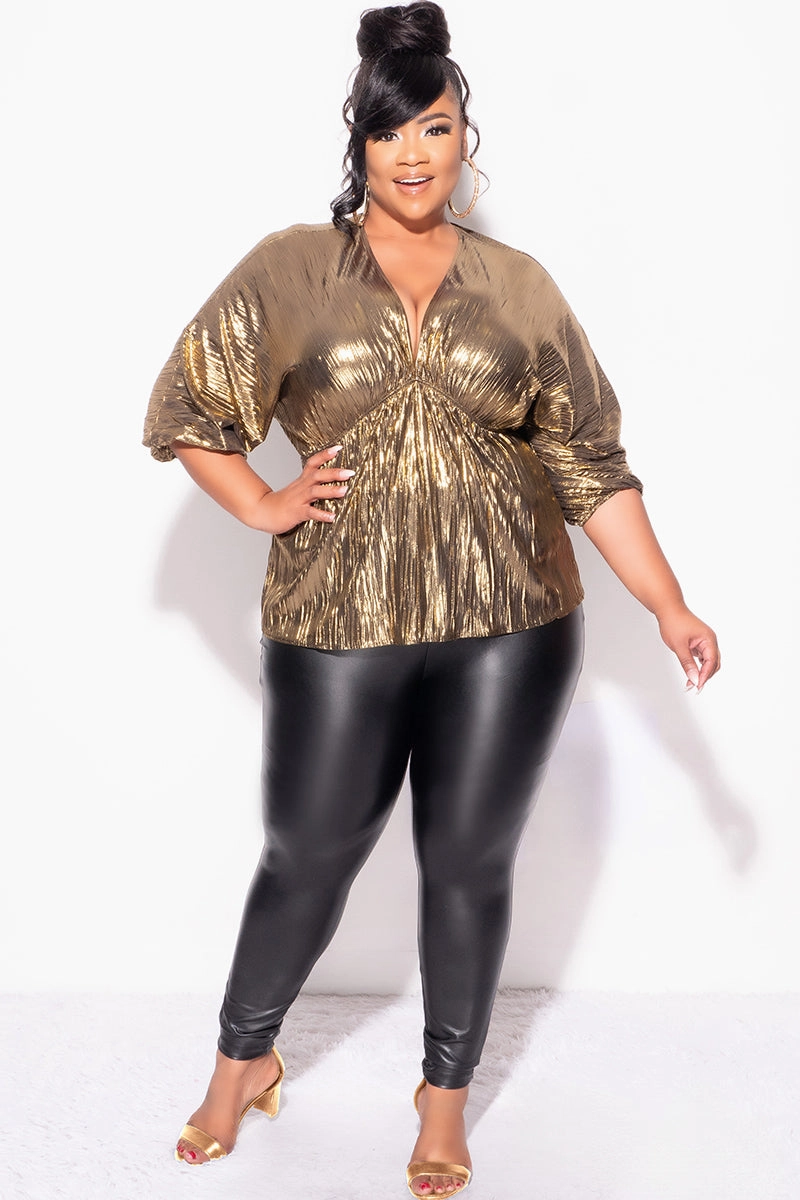 Final Sale Plus Size Pleated Peplum Top in Metallic Gold BuiltInLayer Elegant Blouse