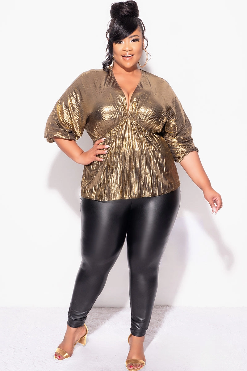 Final Sale Plus Size Pleated Peplum Top in Metallic Gold Flexible Design