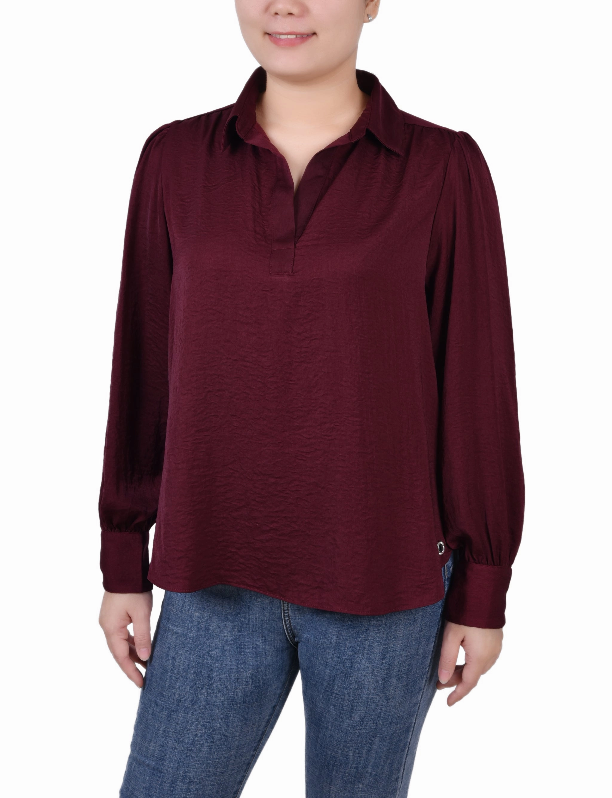 TemperatureRegulating Fabric AbrasionResistant Surface Long Puff Sleeve Satin Blouse