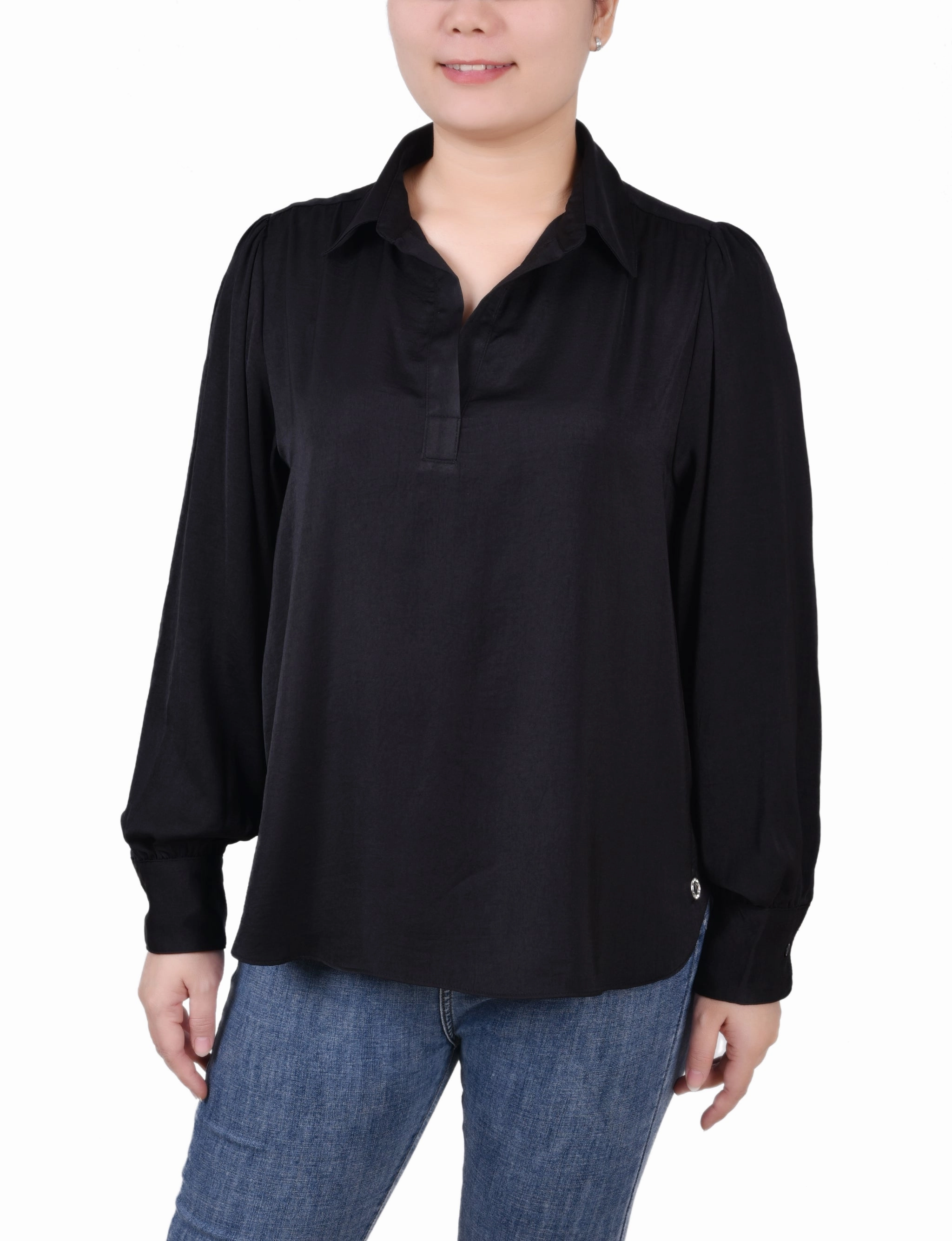 Tencel Cotton Hybrid Weave Long Puff Sleeve Satin Blouse