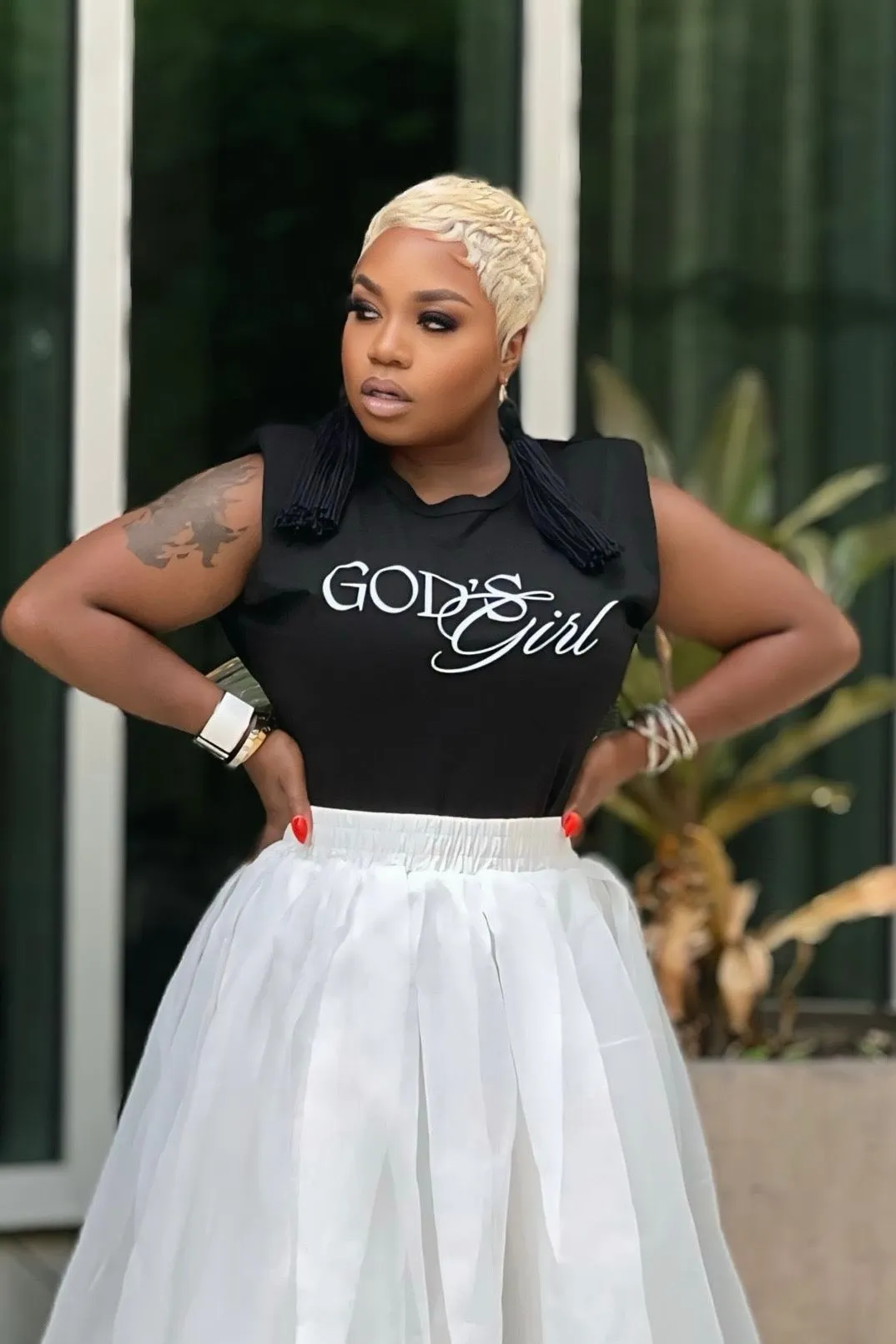 ColorfastMaterial God??s Girl Shoulder Padded Shoulder Muscle T-Shirt-Black