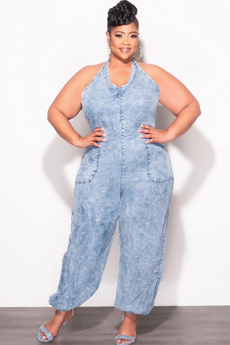 Functional Waist Versatile Comfort Wear Final Sale Plus Size Oversized Halter Jumpsuit in Chambray