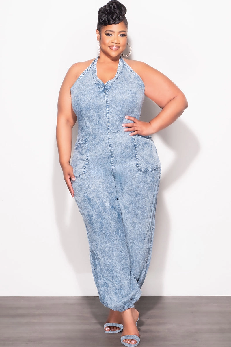 Final Sale Plus Size Oversized Halter Jumpsuit in Chambray No Sagging