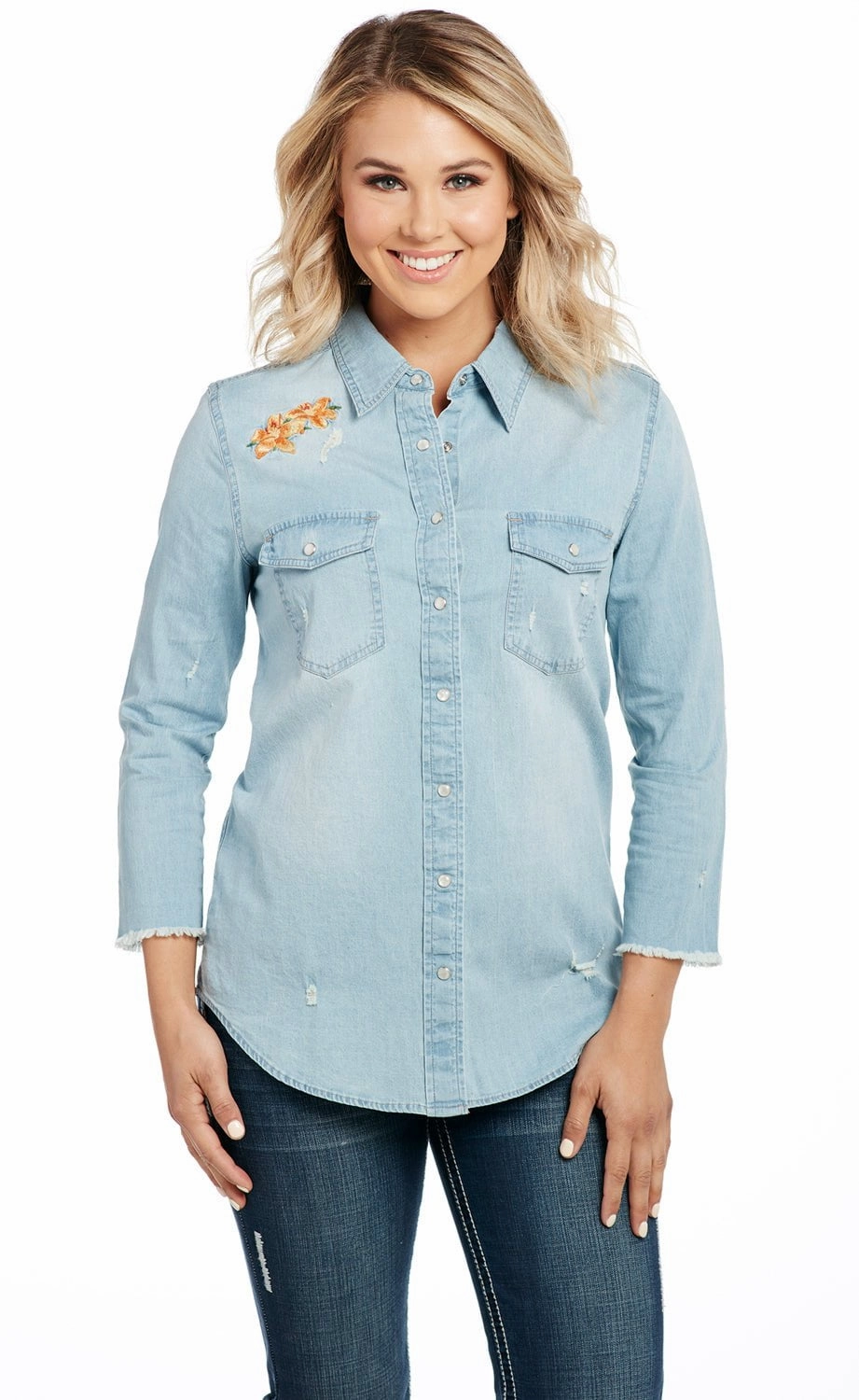 Cowgirl Up Womens Blue Cotton Blend Stonewash Raw Western Shirt S/S Breathable Lining Plus Size