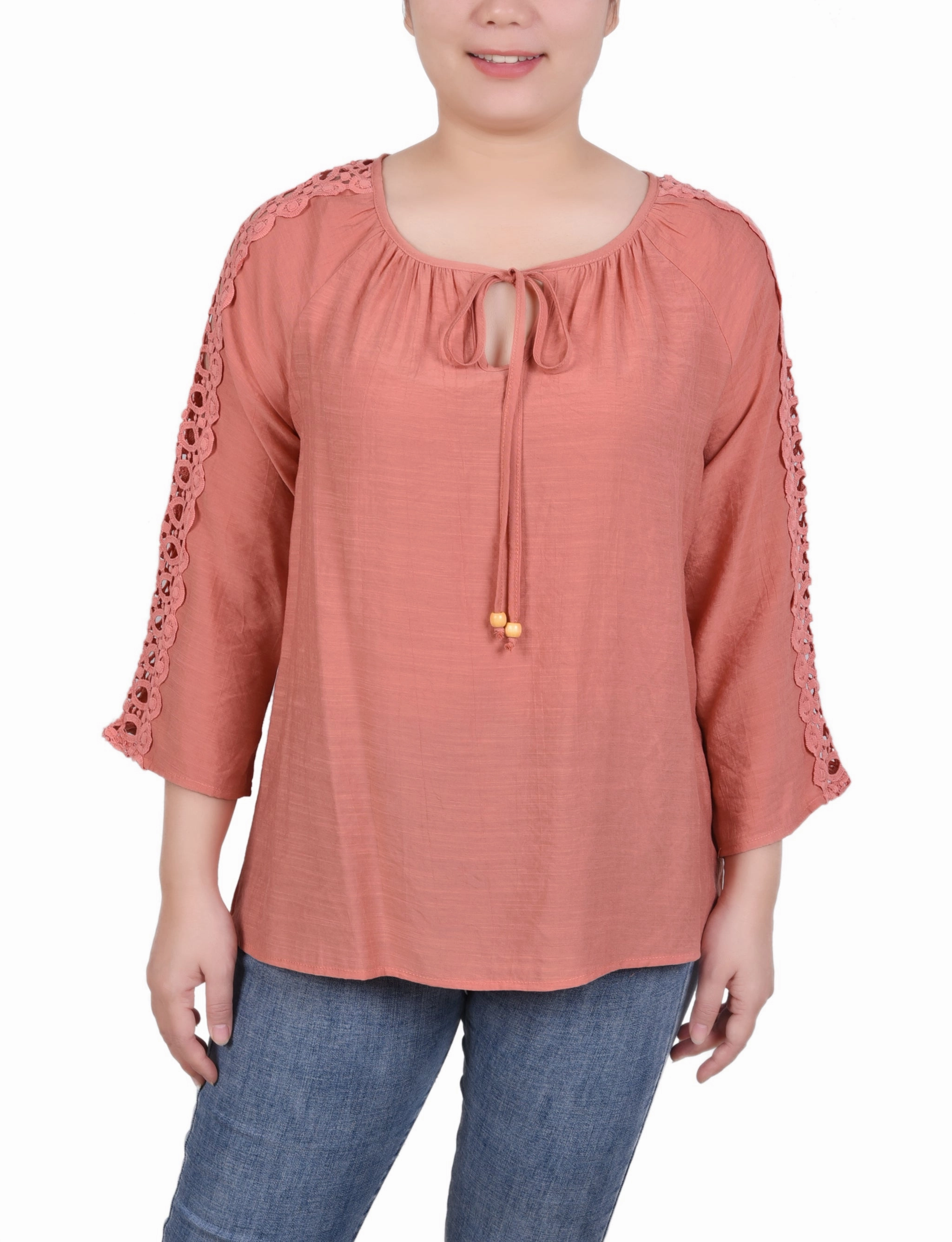 3/4 Sleeve Crochet Detail Blouse Double Layered Hem Reinforcement