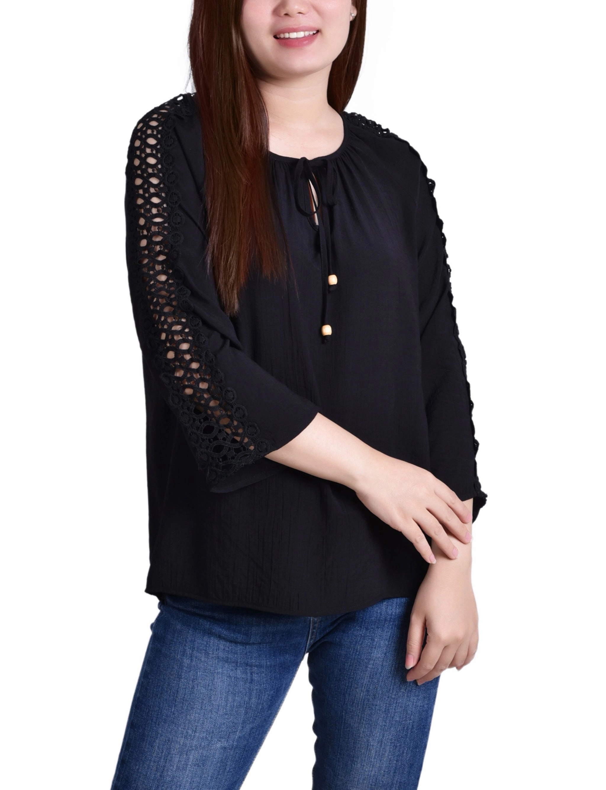 RibbedCuff Breathable Hoodie 3/4 Sleeve Crochet Detail Blouse