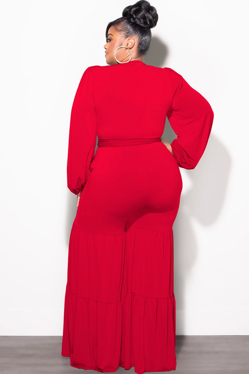 Final Sale Plus Size 2pc Long Sleeve Crop Tie Top and 3-Layer Pants Set in Red Flexible Wear HighDensityWeave