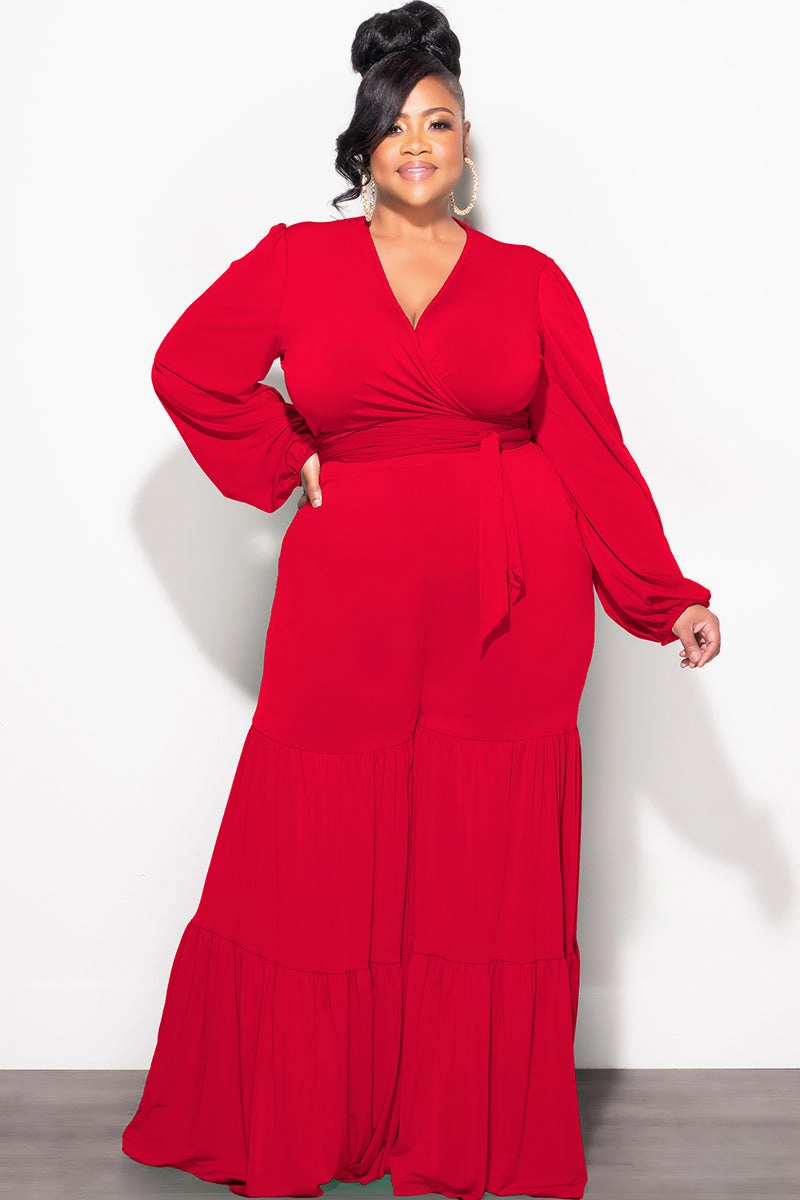 Final Sale Plus Size 2pc Long Sleeve Crop Tie Top and 3-Layer Pants Set in Red Urban Fit Soft Texture