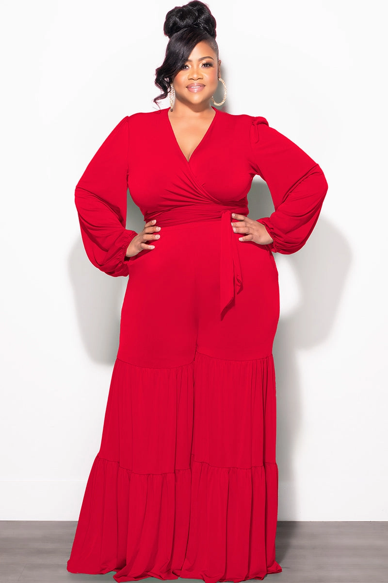 Final Sale Plus Size 2pc Long Sleeve Crop Tie Top and 3-Layer Pants Set in Red All Day Wear Versatile Design