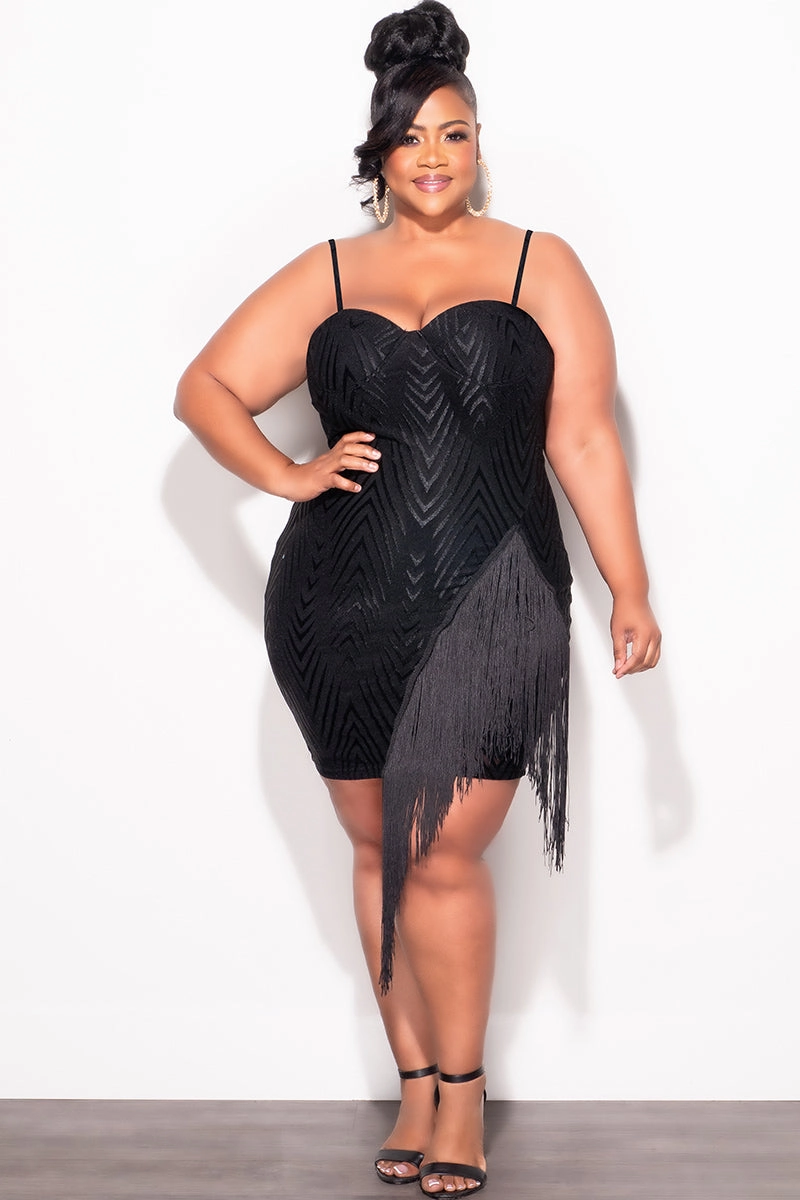 Final Sale Plus Size Spaghetti Strap BodyCon Dress with Side Fringe in Black AbrasionResistant