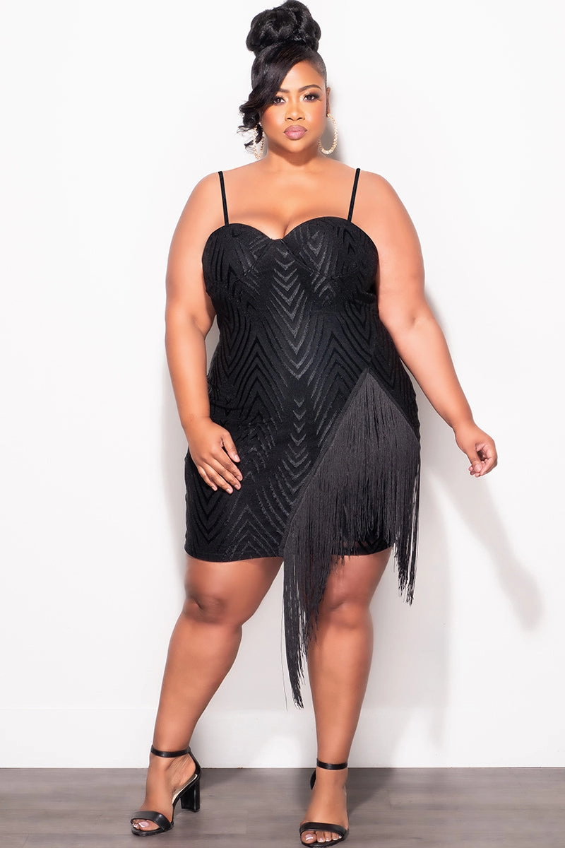 Flexible Wear Final Sale Plus Size Spaghetti Strap BodyCon Dress with Side Fringe in Black