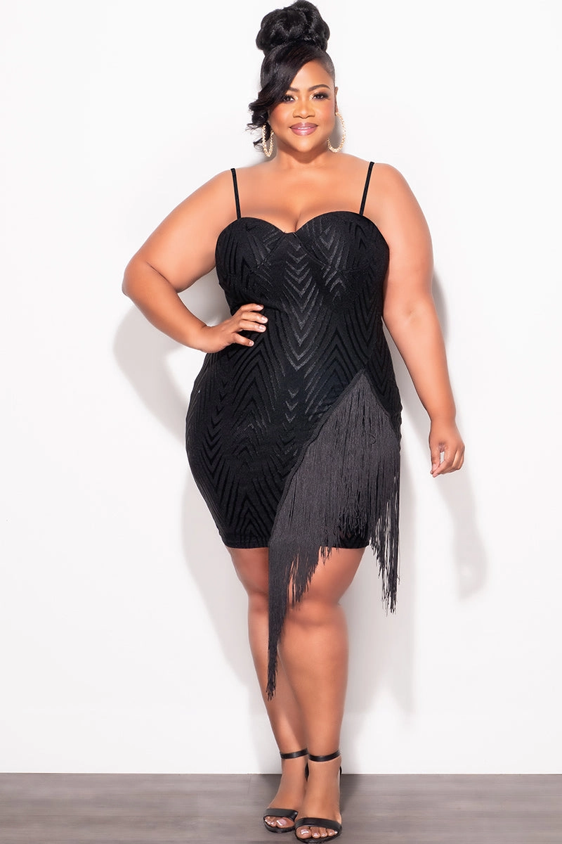 Convertible legs Final Sale Plus Size Spaghetti Strap BodyCon Dress with Side Fringe in Black