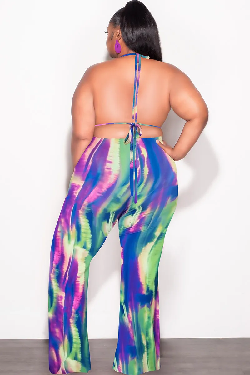 Compact Fit Stain Resistant *Final Sale Plus Size  3pc Poolside Playsuit (Top, High Waist Bottoms & Pants) Set in Neon Watercolors