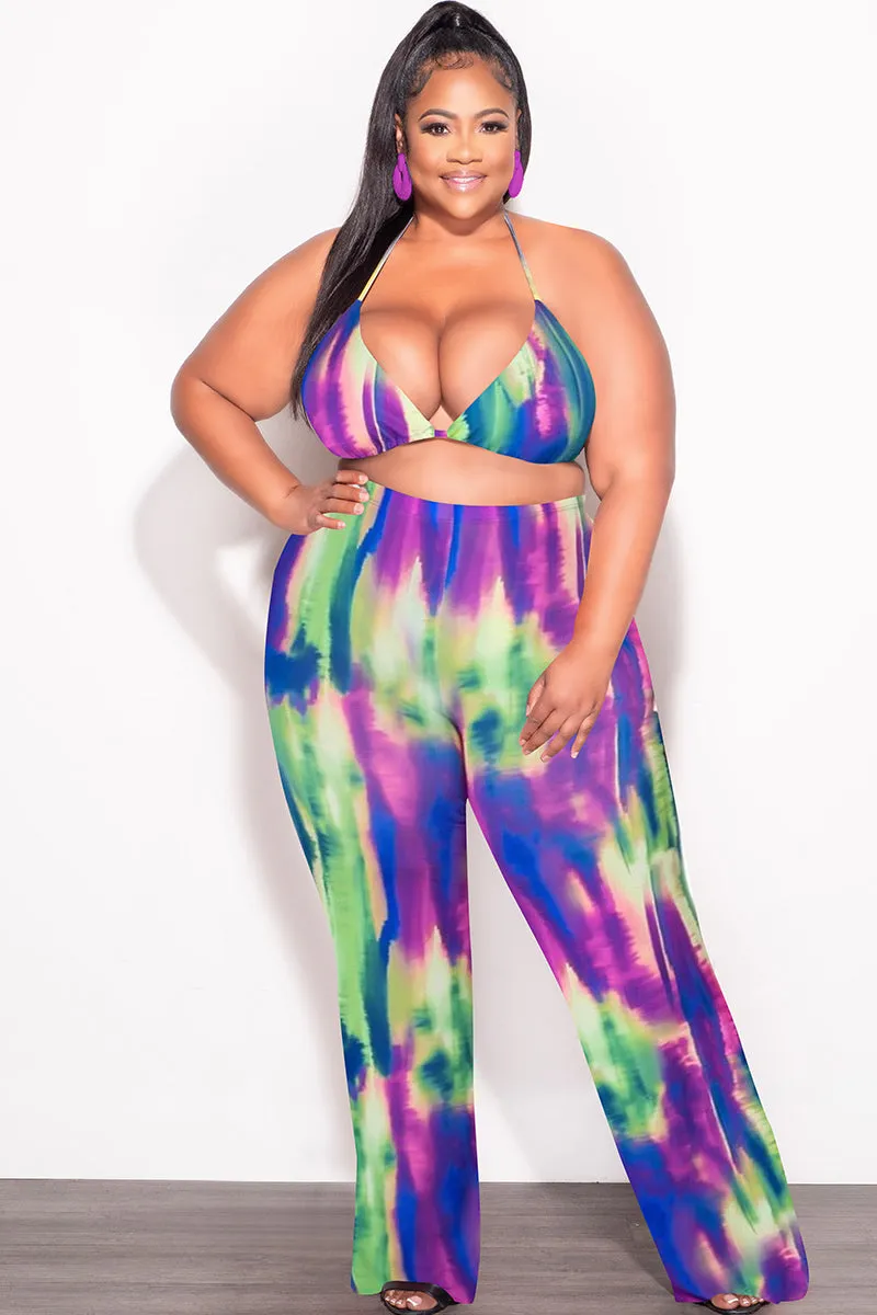 *Final Sale Plus Size  3pc Poolside Playsuit (Top, High Waist Bottoms & Pants) Set in Neon Watercolors QuickReleaseClosures Versatile Look