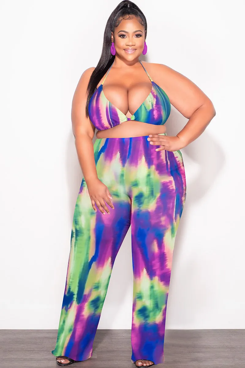 *Final Sale Plus Size  3pc Poolside Playsuit (Top, High Waist Bottoms & Pants) Set in Neon Watercolors Sophisticated Look