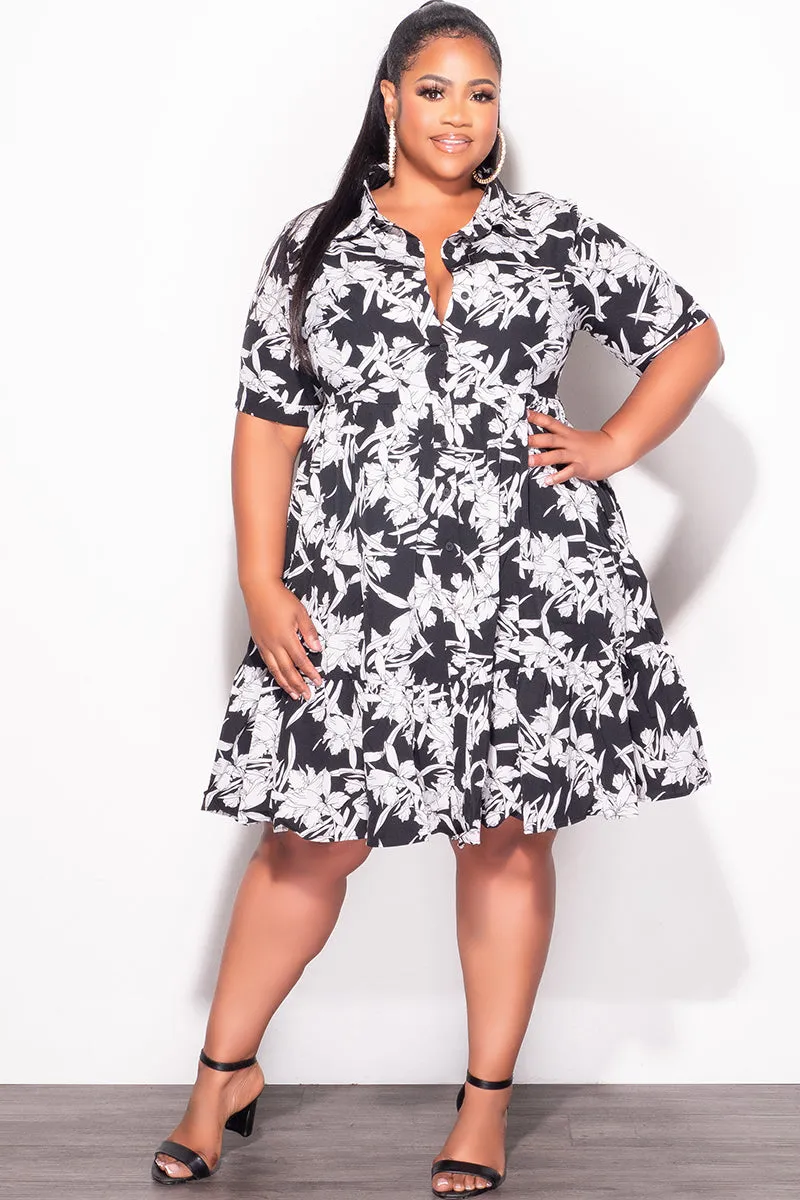 No Tag Final Sale Plus Size Collar Button Up Dress in Black and White Floral Print