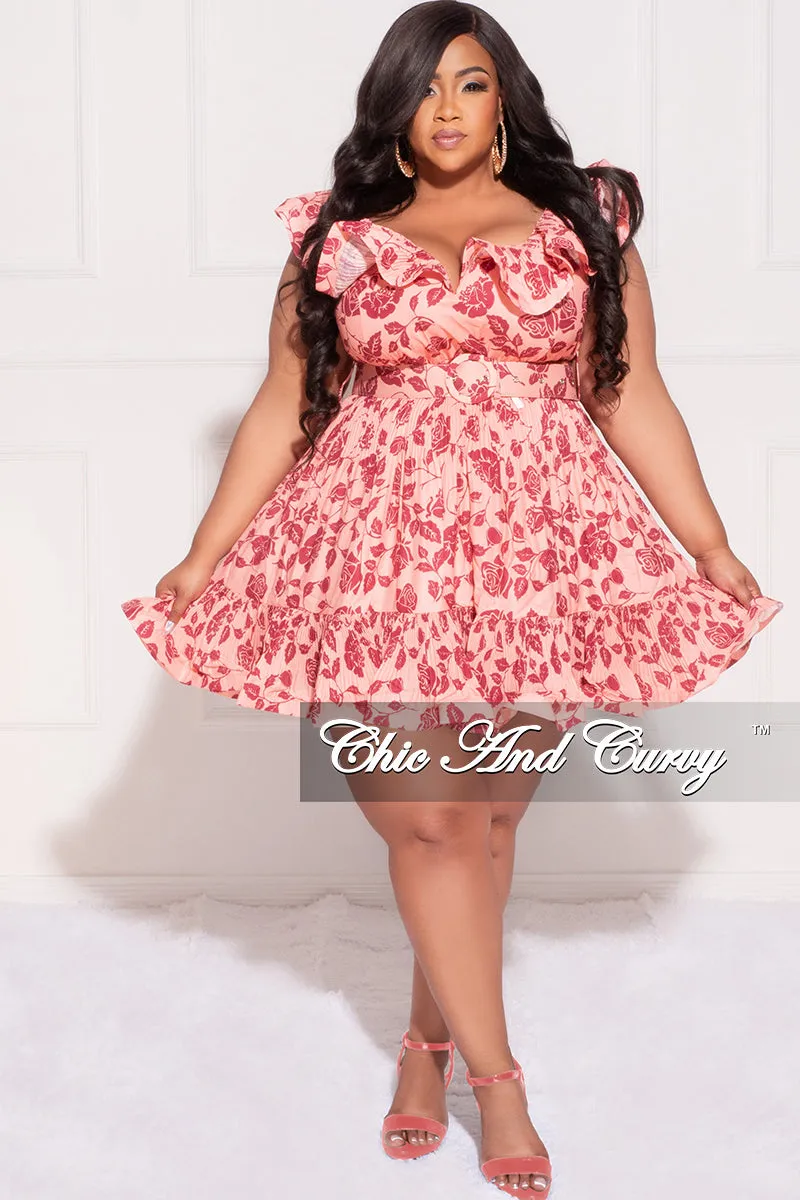 Final Plus Size Sleeveless SweetHeart Pleated Ruffle BabyDoll Dress with Waist Belt in Pink and Burgundy Rose Print Comfort Control