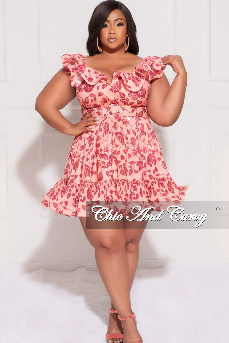NonChafingEdges Multi-Purpose Wear Final Plus Size Sleeveless SweetHeart Pleated Ruffle BabyDoll Dress with Waist Belt in Pink and Burgundy Rose Print