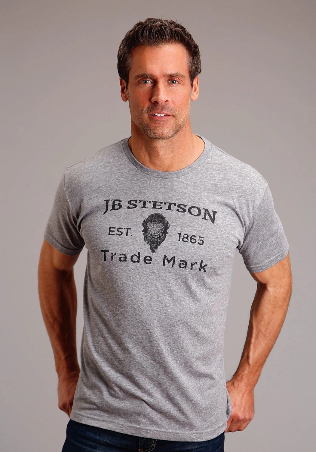 Stetson Mens Buffalo Head Grey Cotton Blend S/S T-Shirt Smooth Jersey Texture Versatile Fit