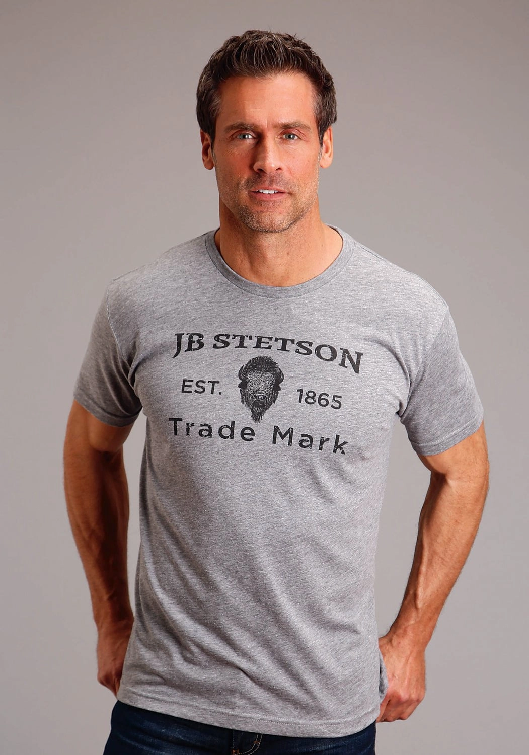 Stetson Mens Buffalo Head Grey Cotton Blend S/S T-Shirt Comfort Apparel