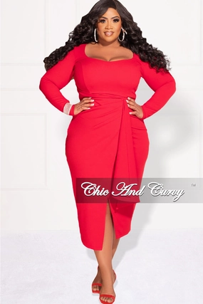 Wrinkle Resistant Available Online Only - Final Sale Plus Size BodyCon Dress with Wrap Skirt in Red