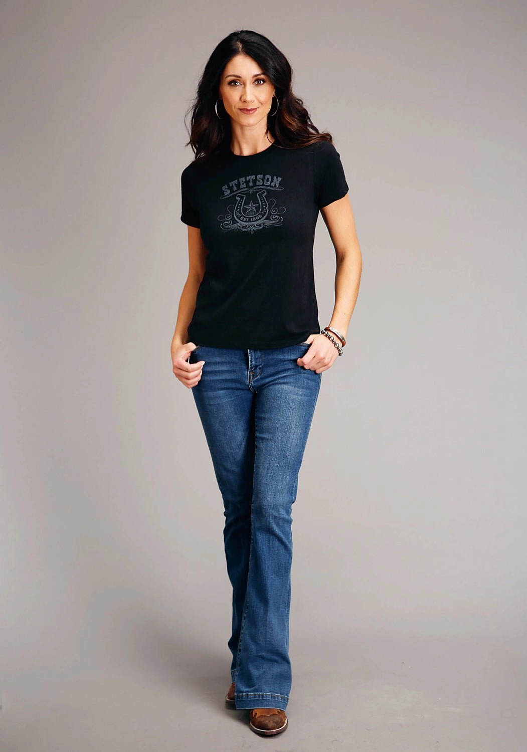 Mesh Insert Stetson Womens Vintage Black Cotton Blend Horseshoe S/S T-Shirt