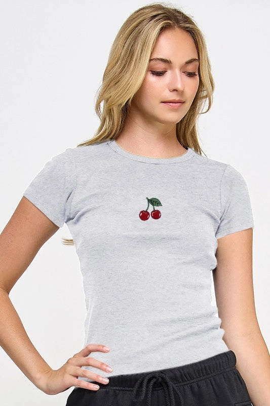 GarmentWashed Softness Basic Cotton Baby Rib T-shirt With Cherry