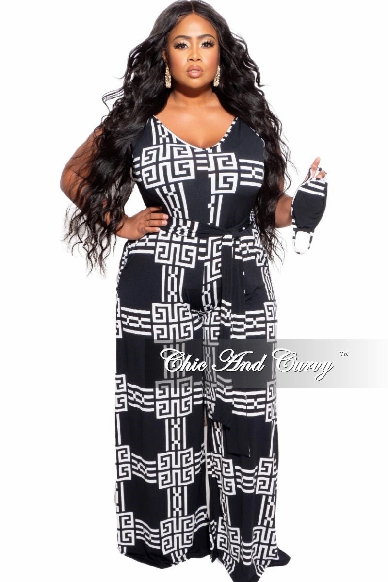NonChafingEdges Final Sale Plus Size Spaghetti Strap Belted Jumpsuit in Black & White