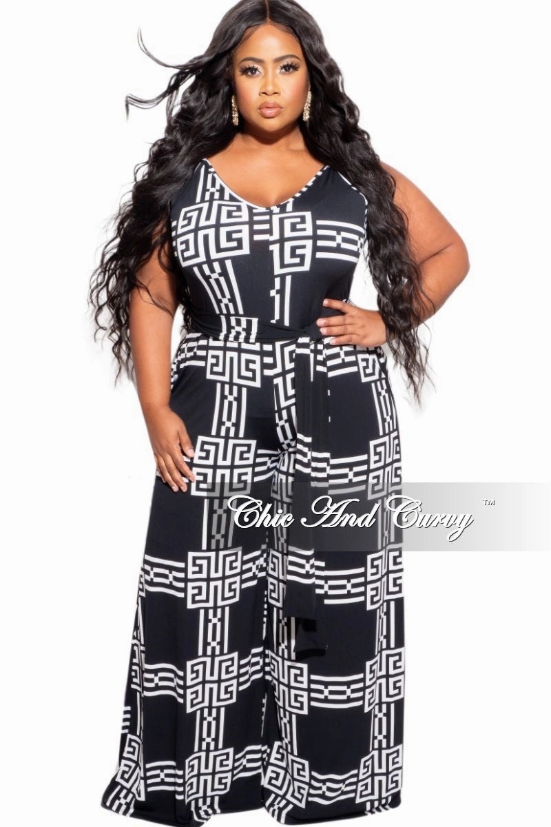 Casual Style Movement Ready Fit Final Sale Plus Size Spaghetti Strap Belted Jumpsuit in Black & White