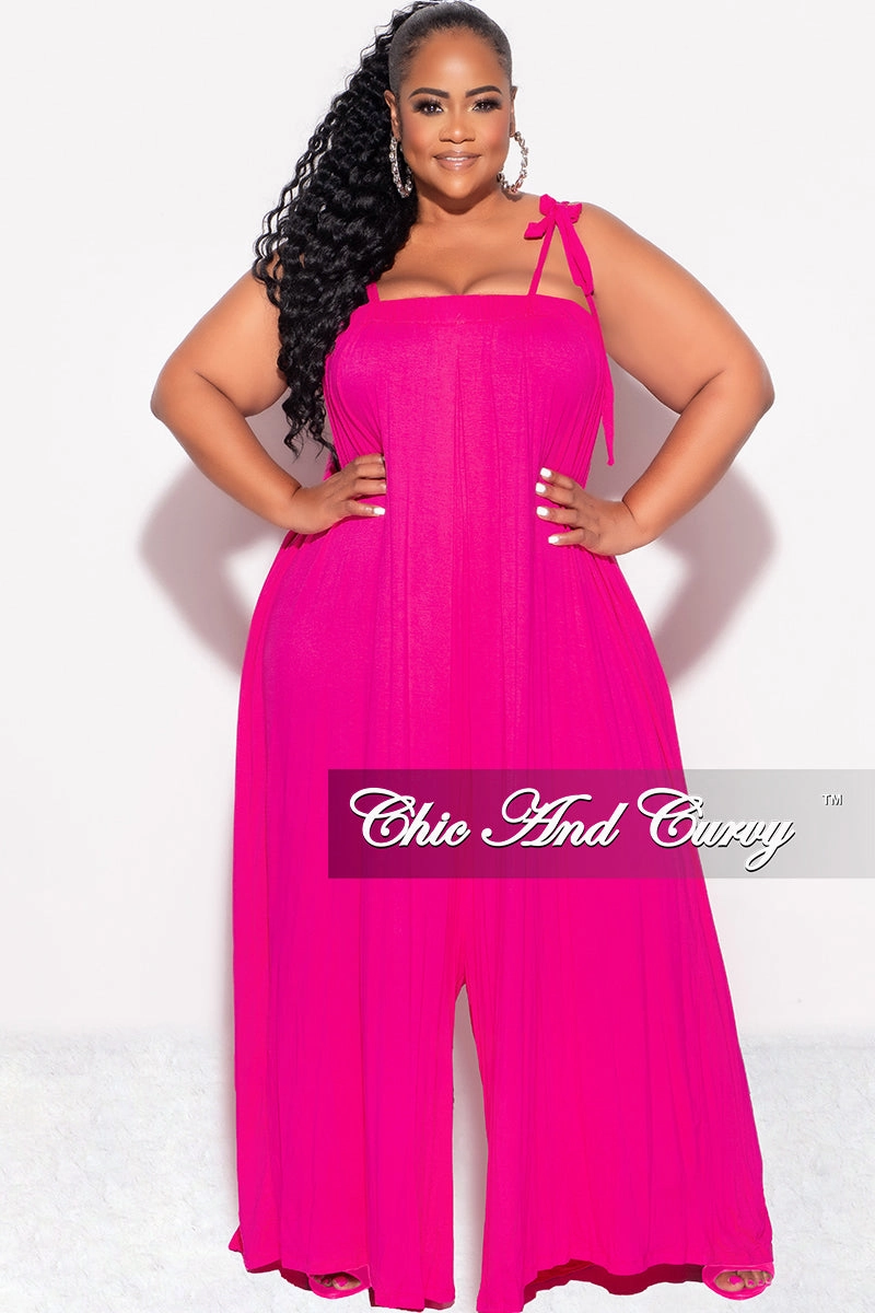 relaxed shape Tight Cut Final Sale Plus Size Oversized Jumpsuit with Self Tie Straps in Fuchsia