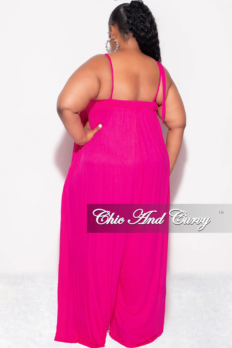 Flattering Comfort TaglessDesign Final Sale Plus Size Oversized Jumpsuit with Self Tie Straps in Fuchsia