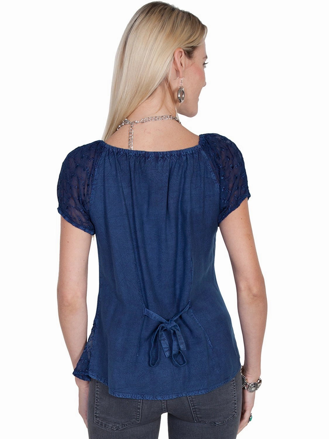 Scully Honey Creek Womens Blue 100% Rayon S/S Multi-Fabric Blouse Local Favorite