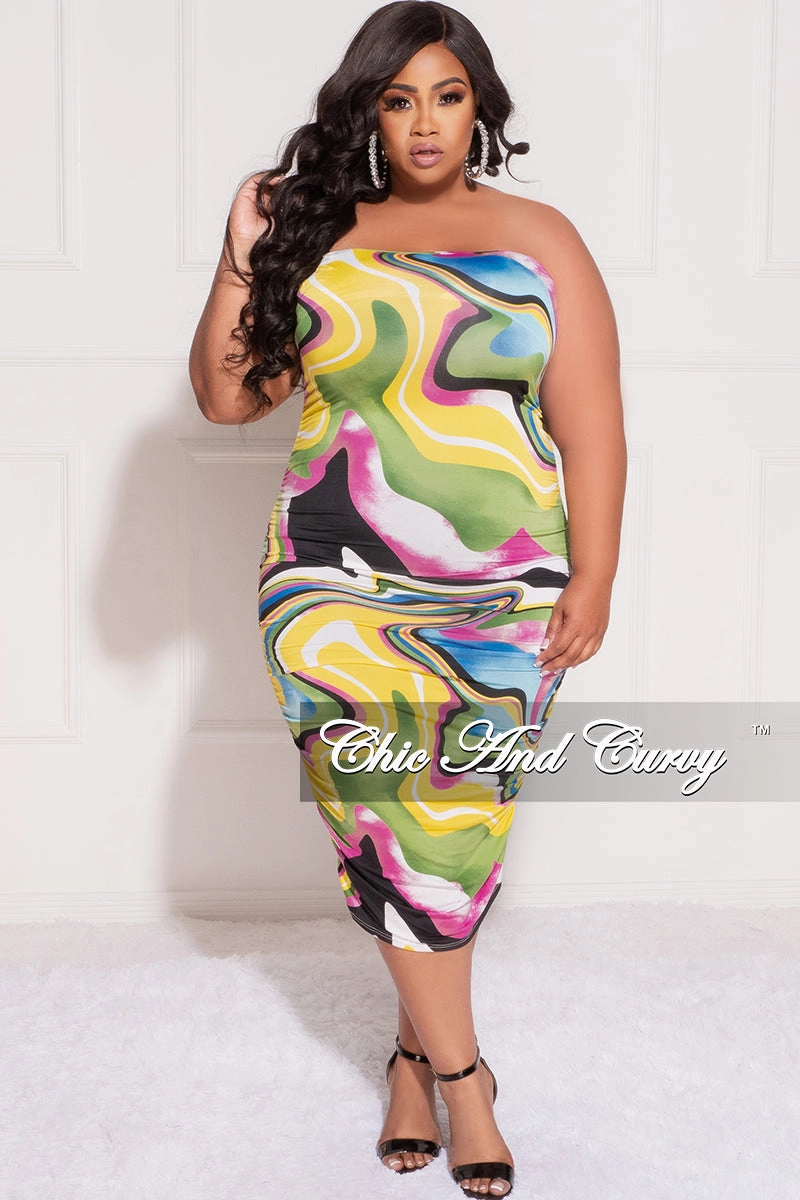 Minimalist Design Snag Resistant Fabric Final Sale Plus Size Strapless Tube BodyCon Dress in Yellow, Green and Fucshia Print