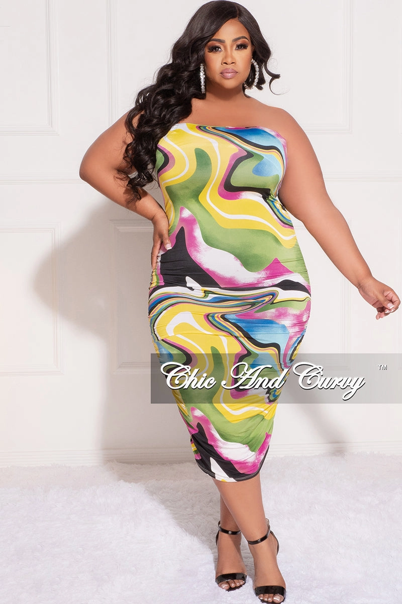 No Pinch Final Sale Plus Size Strapless Tube BodyCon Dress in Yellow, Green and Fucshia Print