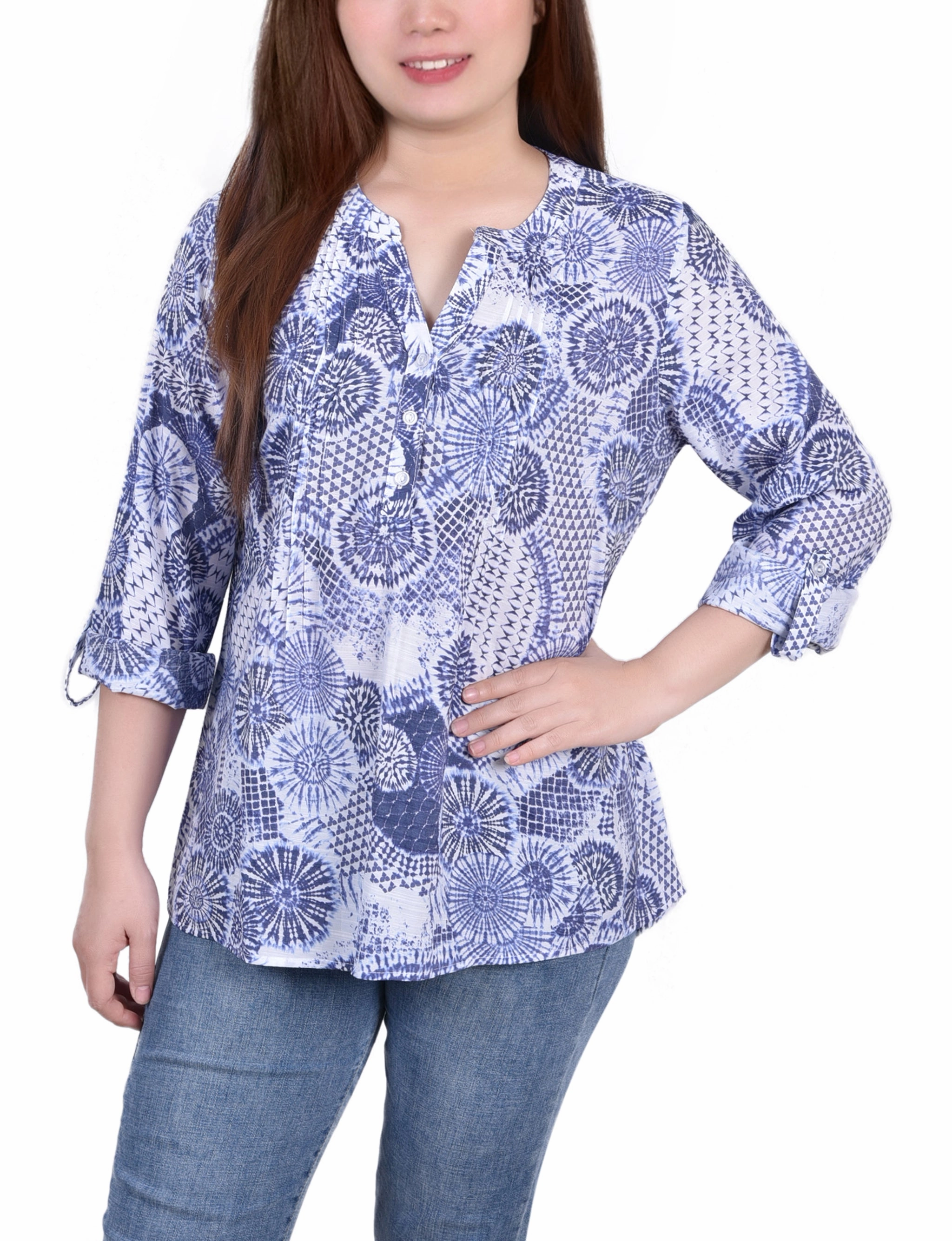 SweatWicking Fabric standard fit 3/4 Roll Tab Sleeve Blouse