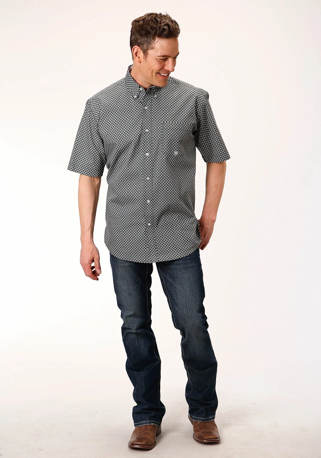 Roper Mens Black 100% Cotton Diamond Star Geo BD S/S 1 Pocket Shirt Plus size option