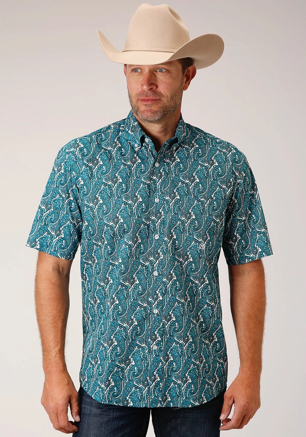 Roper Mens Turquoise 100% Cotton Upstream Paisley BD S/S 1 Pkt Shirt Relaxed Silhouette Comfort-First